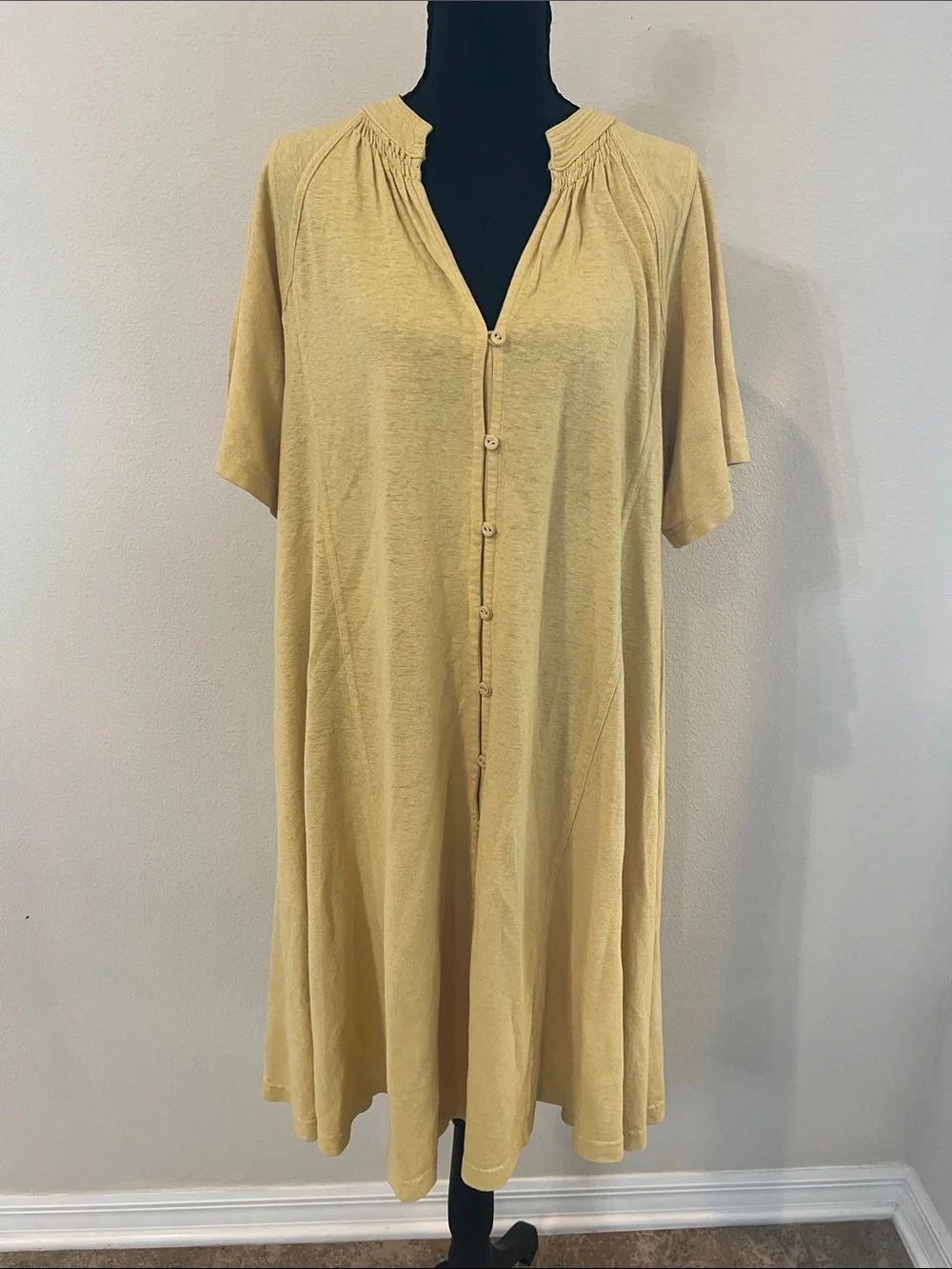 WRAP London Dress US 12 Yellow Hemp Organic Cotton Button Front Boho Midi